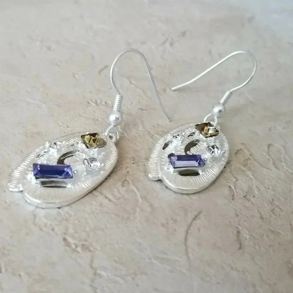 Art Nouveau Sterling Silver Plated Oval Topaz Blue Clear Crystal Dangle Earrings - Picture 4 of 5